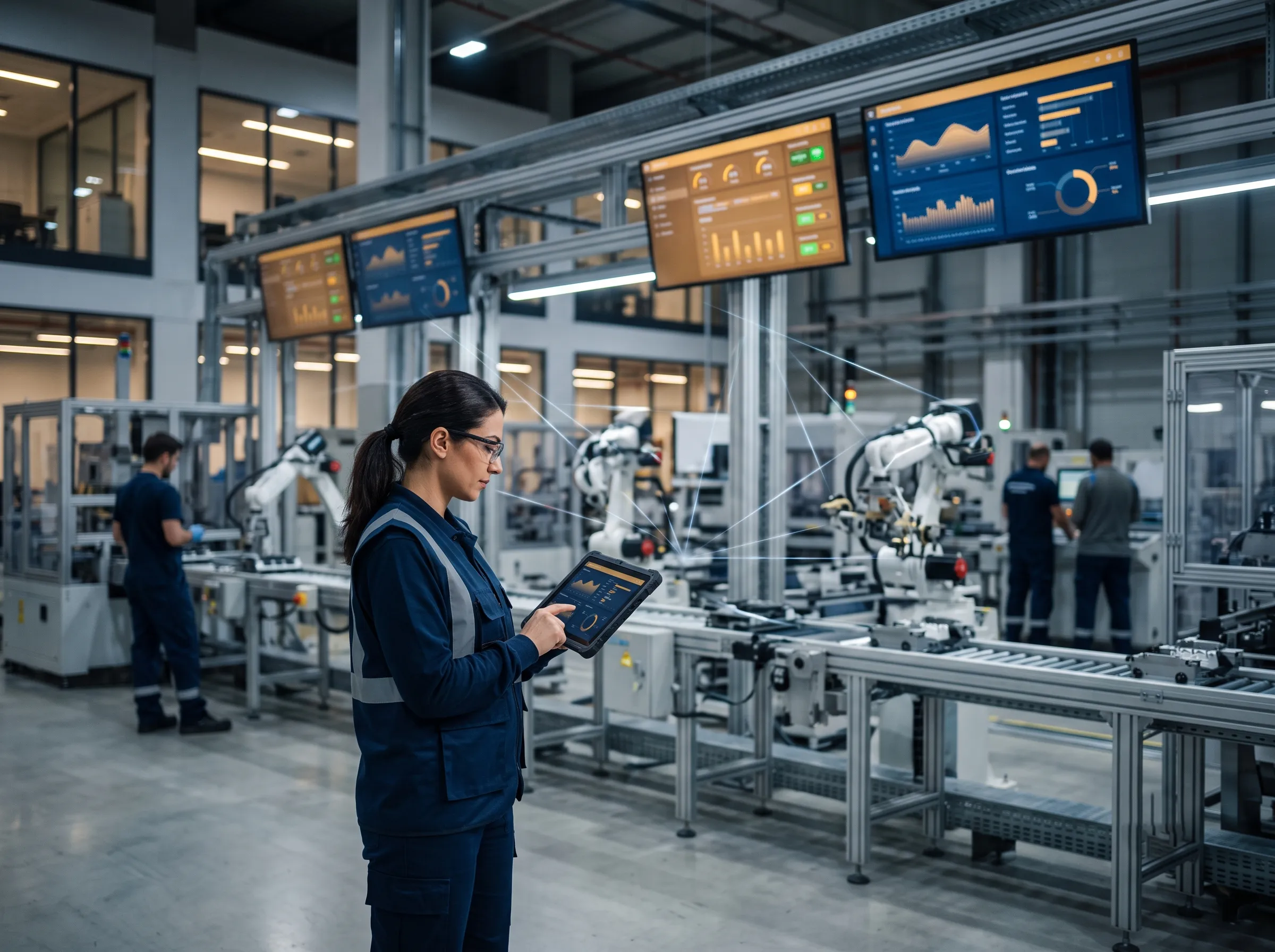 Akıllı fabrikada üretim verilerini tabletten izleyen mühendis