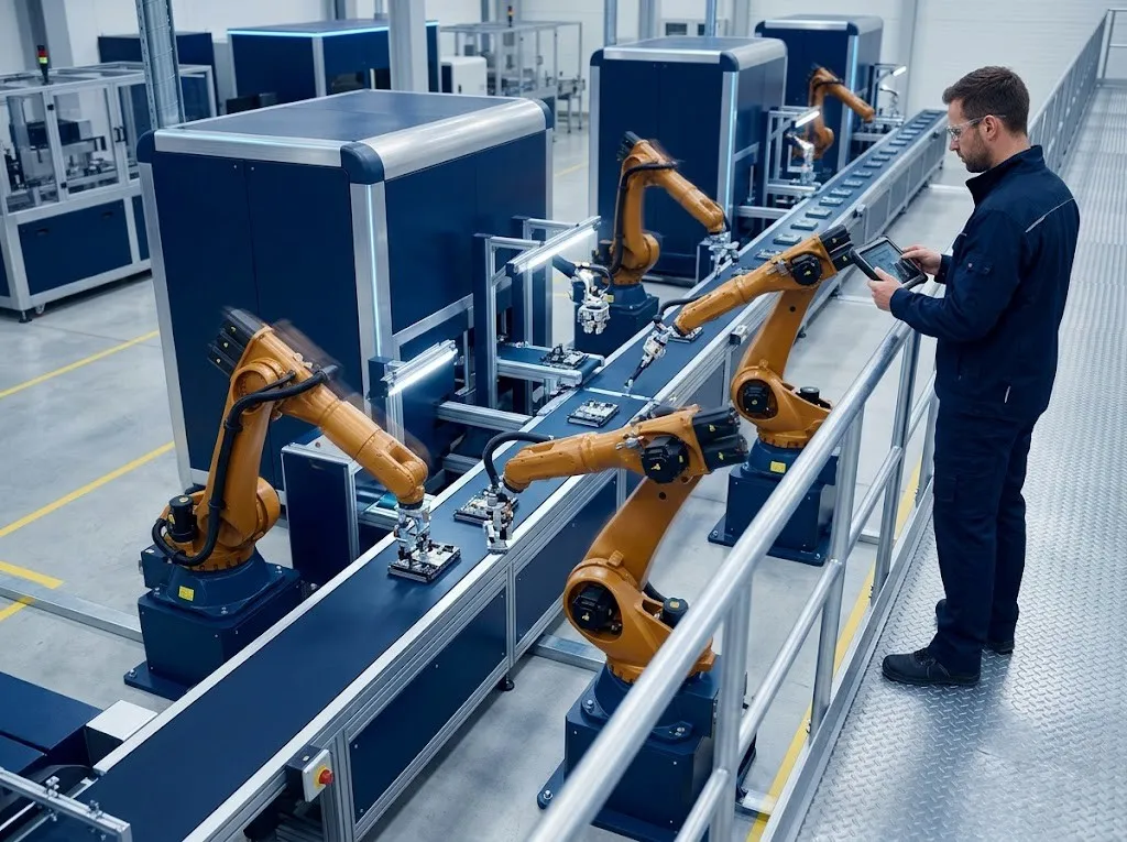 Robotik kolların çalıştığı ileri teknoloji üretim hattı
