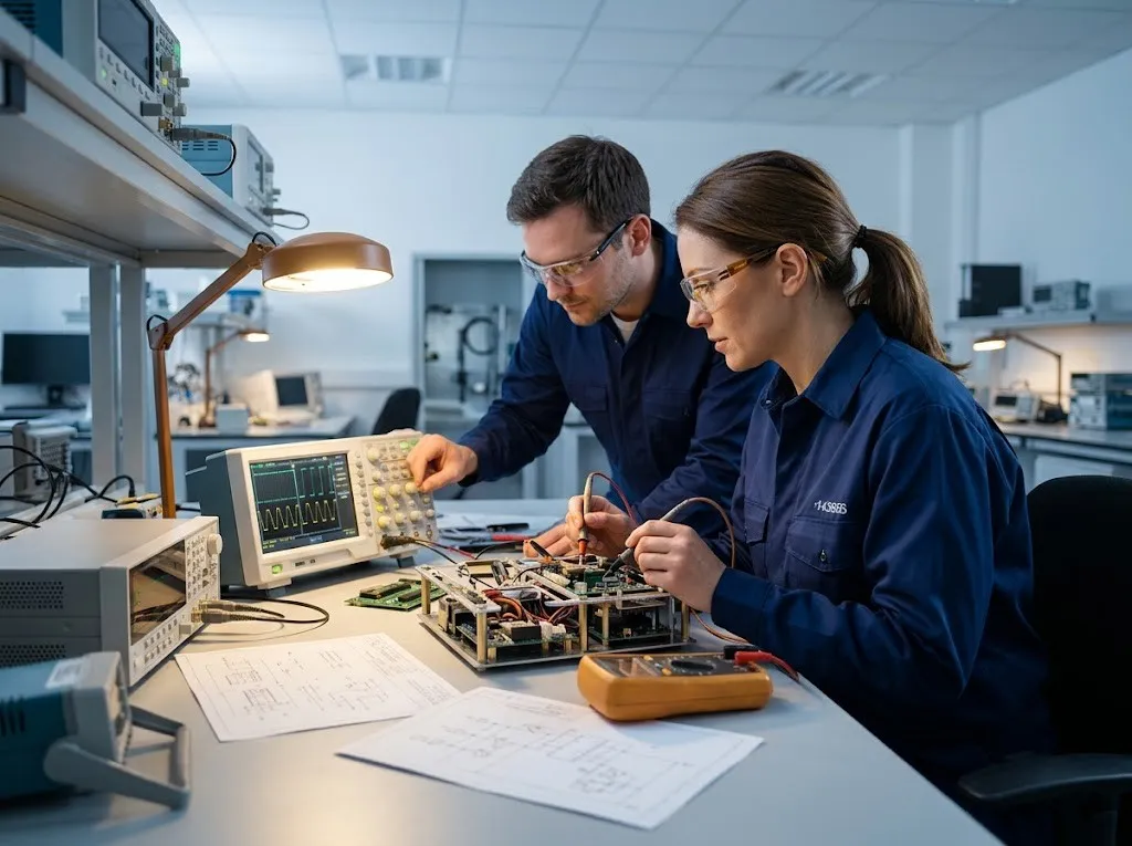 Ar-Ge laboratuvarında prototip test eden mühendisler